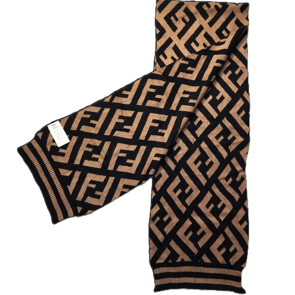 Vintage FENDI Black & Brown Monogram Print Cashmere Scarf with Stripe Trim - Picture 1 of 9